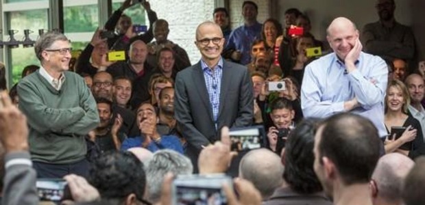 Satya Nadella with Gates (left) and Balmer (right) immediately after