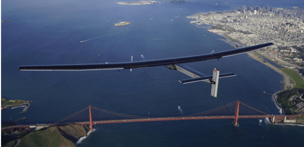 Solar Impulse 2 flies above San Francisco's Golden Gate Bridge