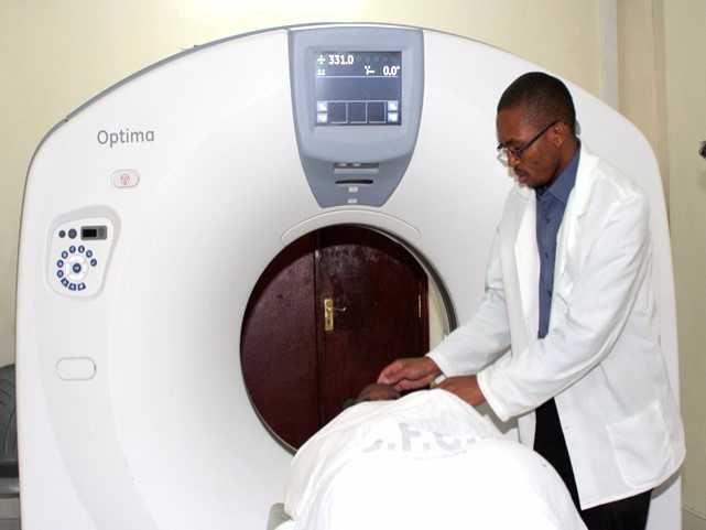 A patient undergoing CT scan at St. Francis Community Hospital