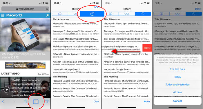 Safari allows you to remove individual history items, or select
