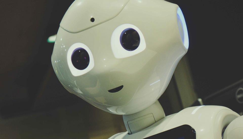 The curious face of a robot looking back