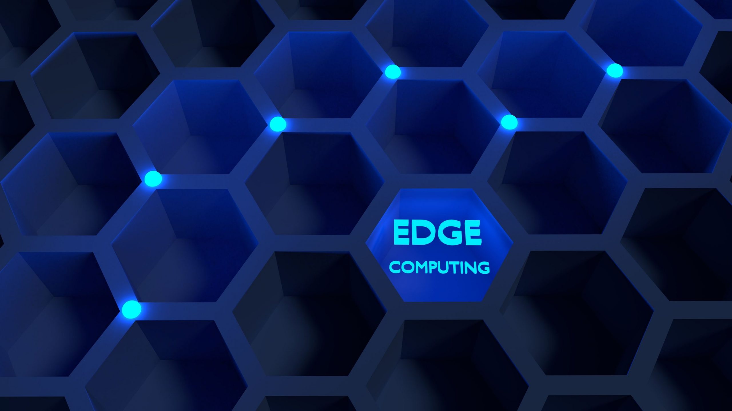 Honeycomb network with blue glowing nodes edge computing concept