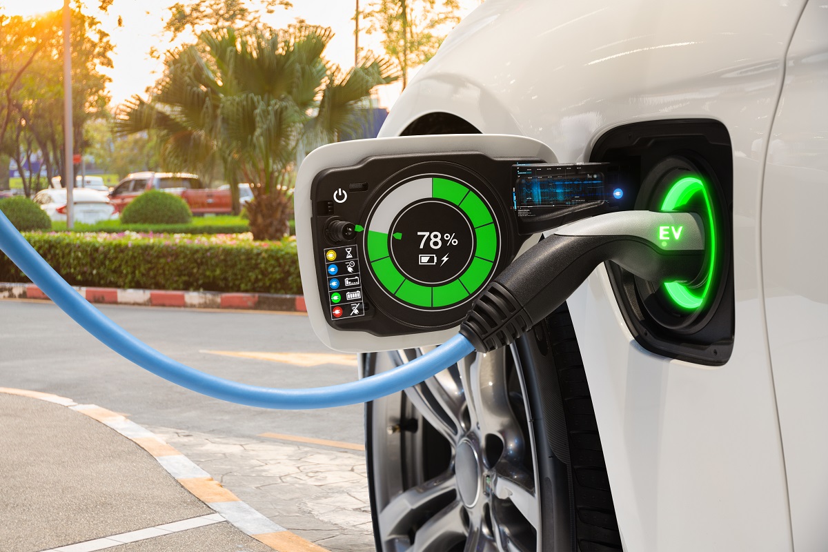 Electric vehicle changing on street parking with graphical user interface, Future EV car concept