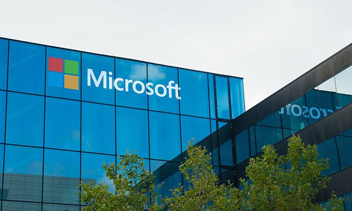 AMSTERDAM - AUGUST 28, 2015: Microsoft logo on office building