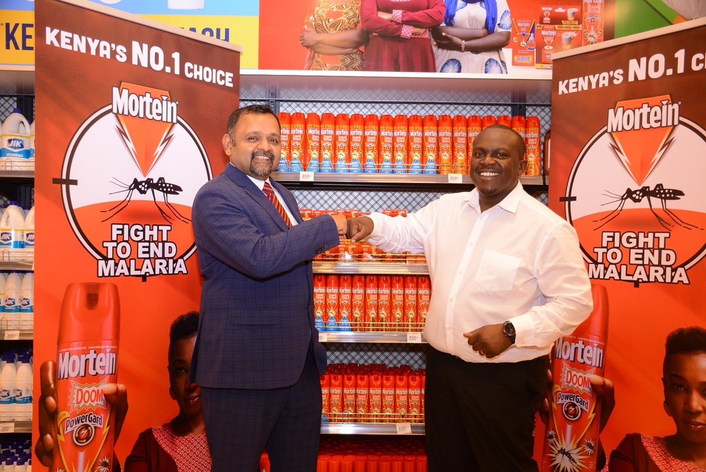 Reckitt East Africa General Manager Asif Hashimi (left) with Naivas Chief Commercial Officer Willy Kimani in Nairobi during the marking of World Malaria Day. Reckitt through its brand Mortein has entered into a strategic collaboration with Naivas to create awareness on Malaria in the country in a bid to enhance prevention methods.