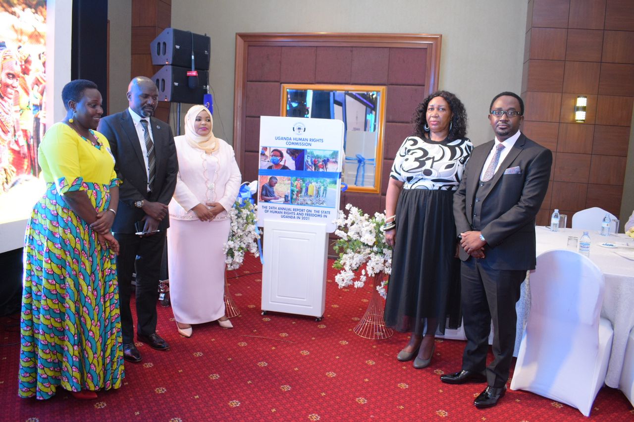 Uganda Human Rights Commission Chairperson, Ms Mariam Wangadya ( 2nd right) is flanked by Commissioners Crispin Kaheru, Shifra Lukwago, Jacklet Atuhaire and others during launch of the report at Sheraton Hotel