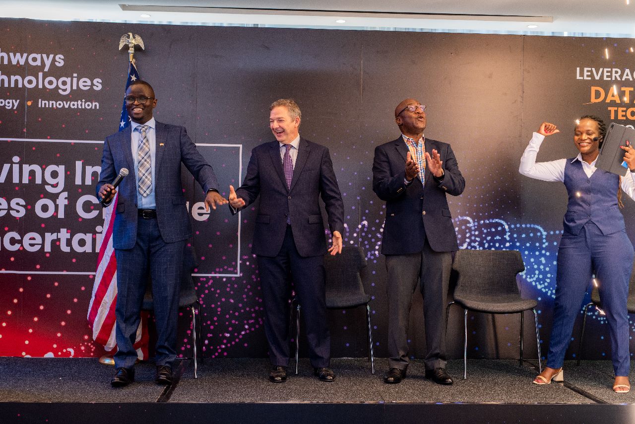 L-R: Pathways Technologies' CEO and President Joel Onditi, Marc Dillard, The Deputy Head of Mission from the United States of America embassy, Pathways Technologies' managing partner Gideon Aswani, and Director of Technology Becky Abraham, share a moment as they launch Pathways Technologies at the Radisson Blu Hotel in Nairobi