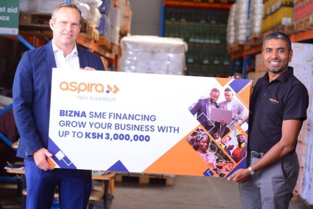 Cim Financial Services Group CEO Mark van Beuningen (left) and Aspira Kenya chief operating officer Irshad Muttur during the launch of Aspira Bizna that will see SMEs unlock up to Ksh 3 million in asset financing.