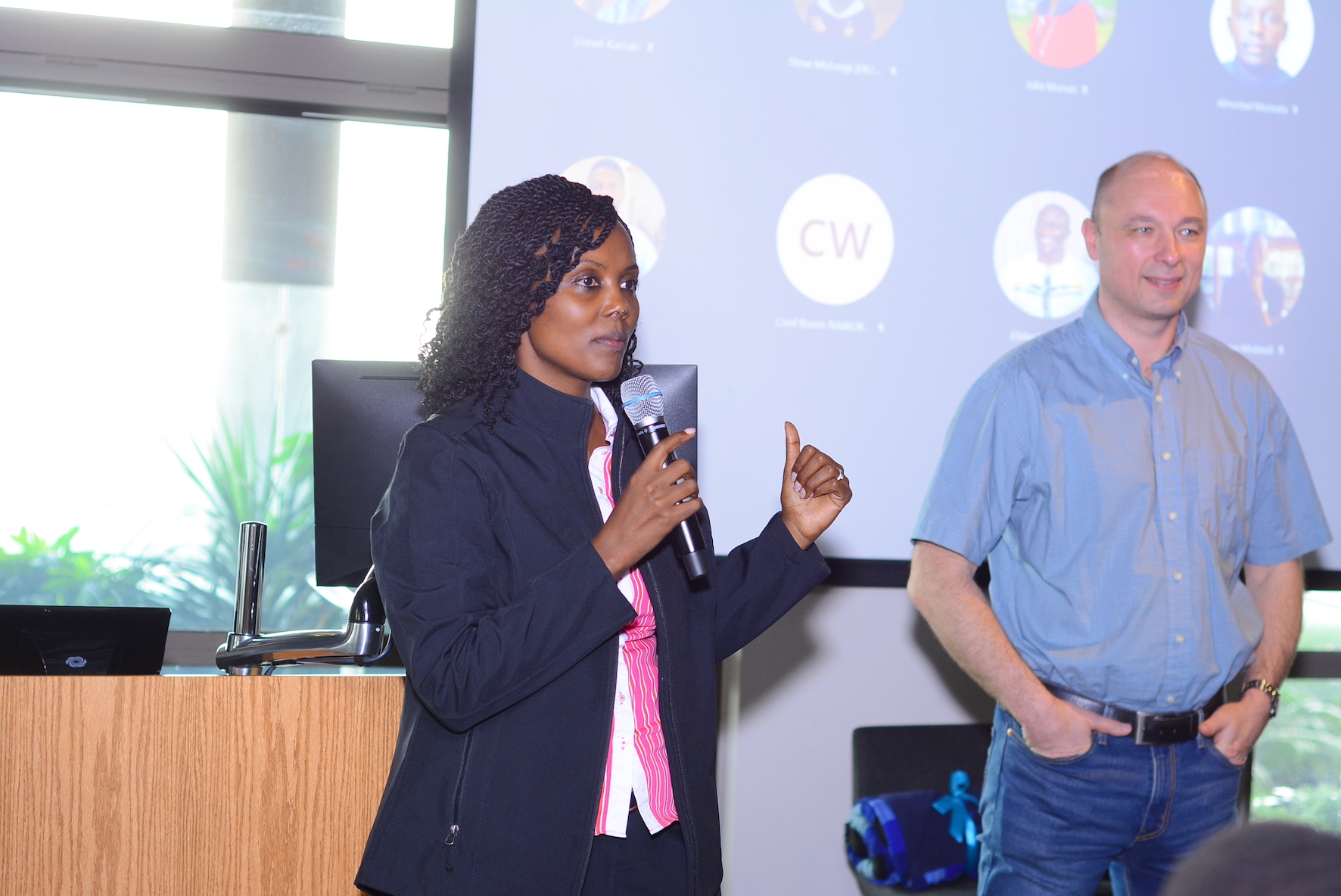 (L-R) Catherine Muraga, Managing Director, Microsoft Africa Development Centre, and Igor Sakhnov, Corporate Vice President, Engineering at Microsoft, addressing staff at the Nairobi office of the ADC.