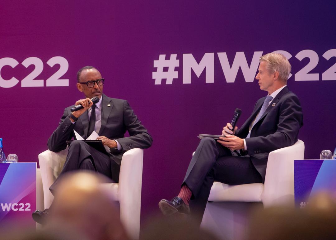 Rwanda President Paul Kagame Speaks at MWC 2022 with GSMA's Mats Granryd