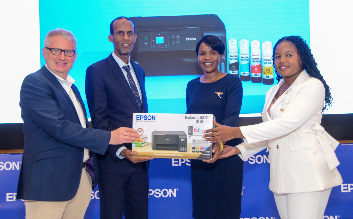 (L-R) (L-R) Group Chief Technology and innovation Officer LIT Ben Roberts, Director General Basic Education,Dr Elyas Abdi, Africa Union Best Teacher 2023 Rosemary Onyancha and EPSON kenya Bussiness Account Manager Dorry Odhiambo,