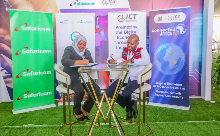 Fawzia Ali-Kimanthi (left), Chief Consumer Business Officer at Safaricom with Stanley Kamanguya, CEO of ICT Authority