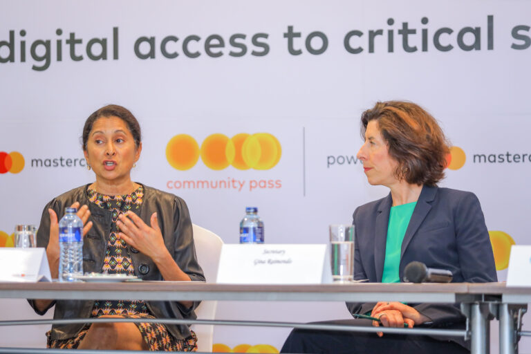 Tara Nathan, EVP and Founder of Mastercard Community Pass (left) speaking during the recent Community Pass roundtable in Nairobi while Gina Raimondo, US Secretary of Commerce (right) looks on. The roundtable, which took place during the AmCham Business Summit, was dedicated to enabling digital and financial inclusion across Africa.