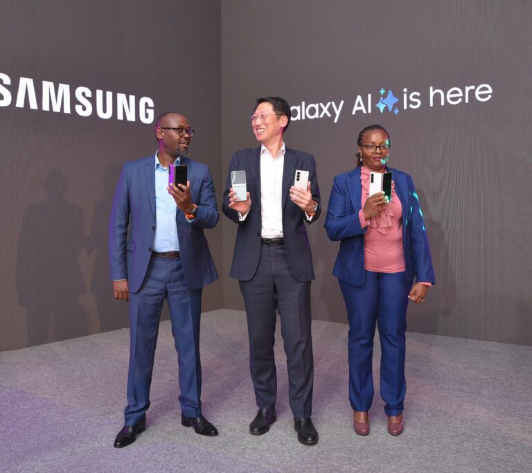 L-R: Anthony Hutia, Head Of Mobile Experience, Samsung Electronics East Africa, Ts Lee, Managing Director, Samsung Electronics East Africa, and Evelyn Munene, Product And Marketing Lead, Samsung Electronics East Africa, During the live watching party of the Galaxy unpacked event in Nairobi, Kenya.