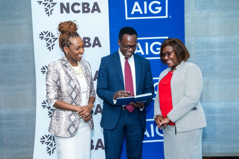 Louisa Wandabwa, Chief of Staff and Director of Strategy NCBA Group(left), John Gachora, Group Managing Director NCBA Group and Stella Njung’e MD AIG Kenya