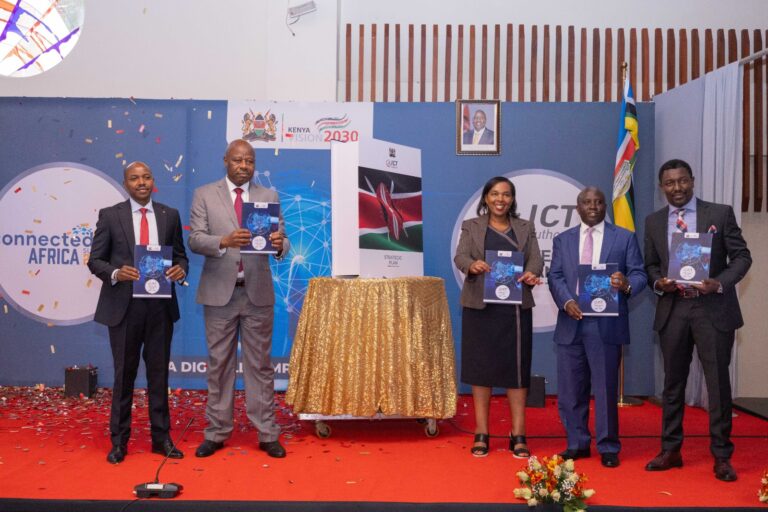 From Left to Right: Stanley Kamanguya, CEO, of the ICT Authority, PS State Department of Broadcasting & Telecommunications Prof. Edward Kisiang'ani, CS for Information, Communications and the Digital Economy Dr. Margaret Ndung’u, PS, ICT and Digital Economy, Eng. John Tanui and Hon. Sylvanus Maritim, ICT Authority Board Chairman during the launch of the ICT Authority Strategic Plan (2024-2027)