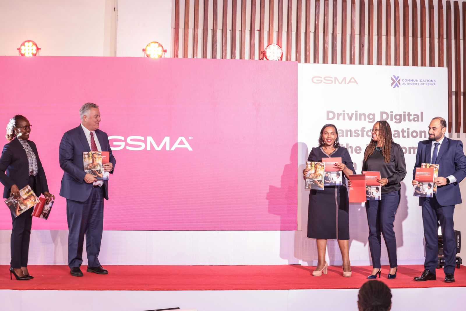 From left to right: Lydia Sitenei Director Legal Services & Corporate Secretary CAK, John Giusti Chief Regulatory Officer GSMA, Dr. Margaret Ndung’u Cabinet Secretary Ministry of Information, Communications and the Digital Economy, Angela Wamola Head Sub Saharan Africa GSMA and Ashish Malhotra CEO Airtel Kenya at the launch of the Kenya Digital Economy Report held at The Mövenpick Hotel in Nairobi.