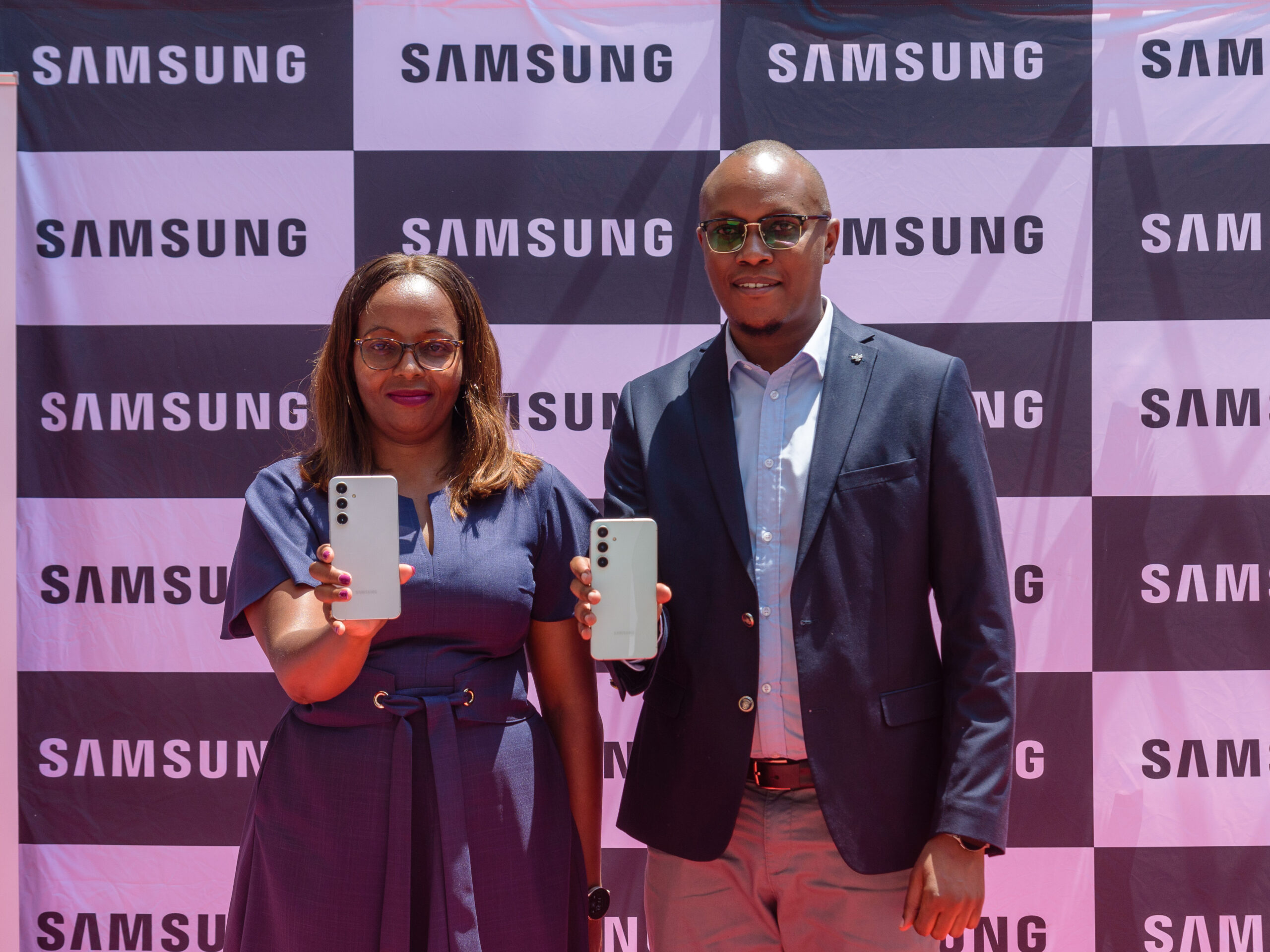 Evelyn Munene, Head of Product and Marketing Mobile Experience, Samsung Electronics East Africa and George Kebaso, Head of EIP Business Mobile Experience at Samsung Electronics East Africa, during the launch of the new Samsung S24 FE into the Kenyan Market on Thursday, 24th October 2024, at Shujaa Mall in Kilimani, Nairobi.