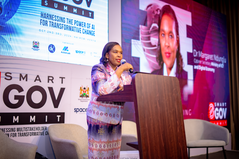 The Cabinet Secretary, the Ministry of ICT and Digital Economy, Dr Margaret Ndung'u, addressing the plenary at the Smart Government Summit