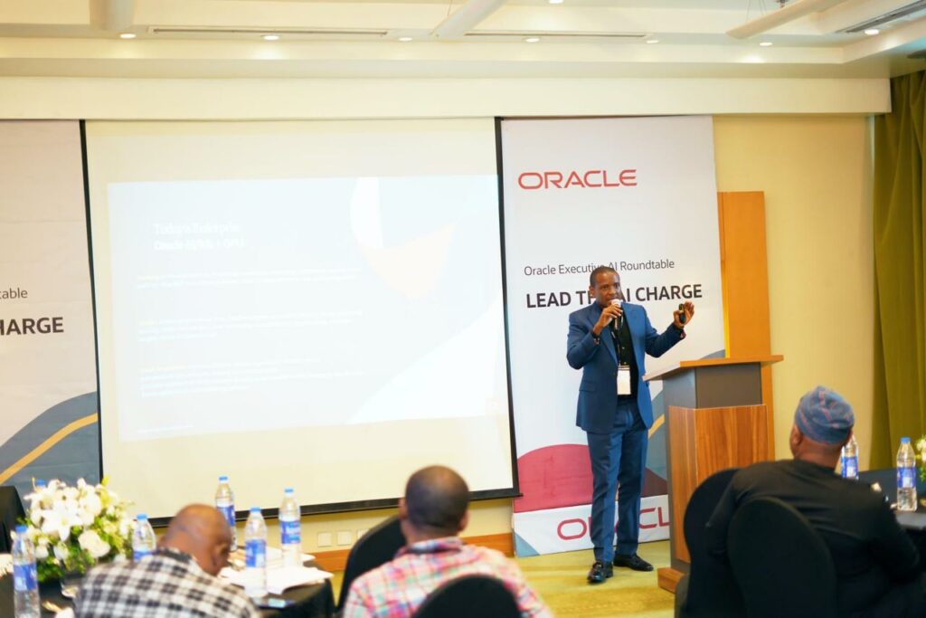 Ismaila Salami, Senior Account cloud Engineer, Oracle Nigeria, addresing delegates at the Oracle Roundtable in Lagos, Nigeria