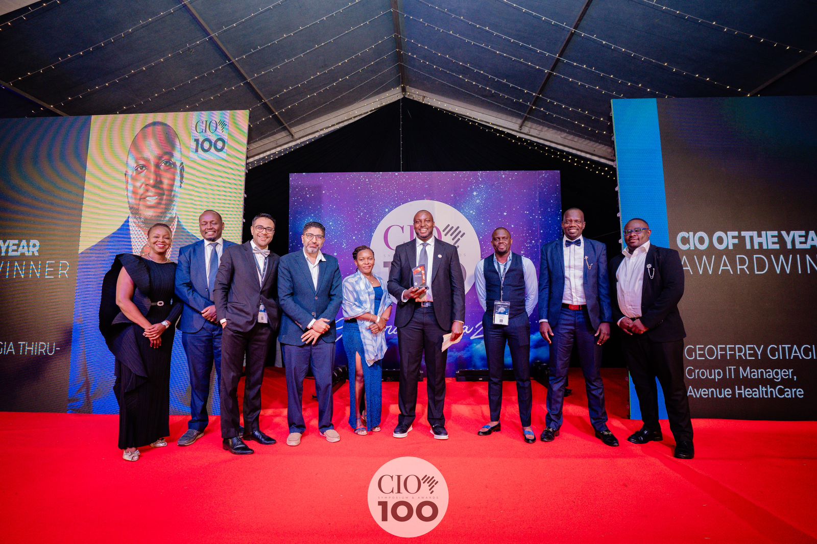 Geoffrey Gitagia, Group IT Manager, Avenue Heakthcare (Centre) with his team after winning the coveted CIO of the Year Award 2024. [Photo Credits: Grahamme Kimani]