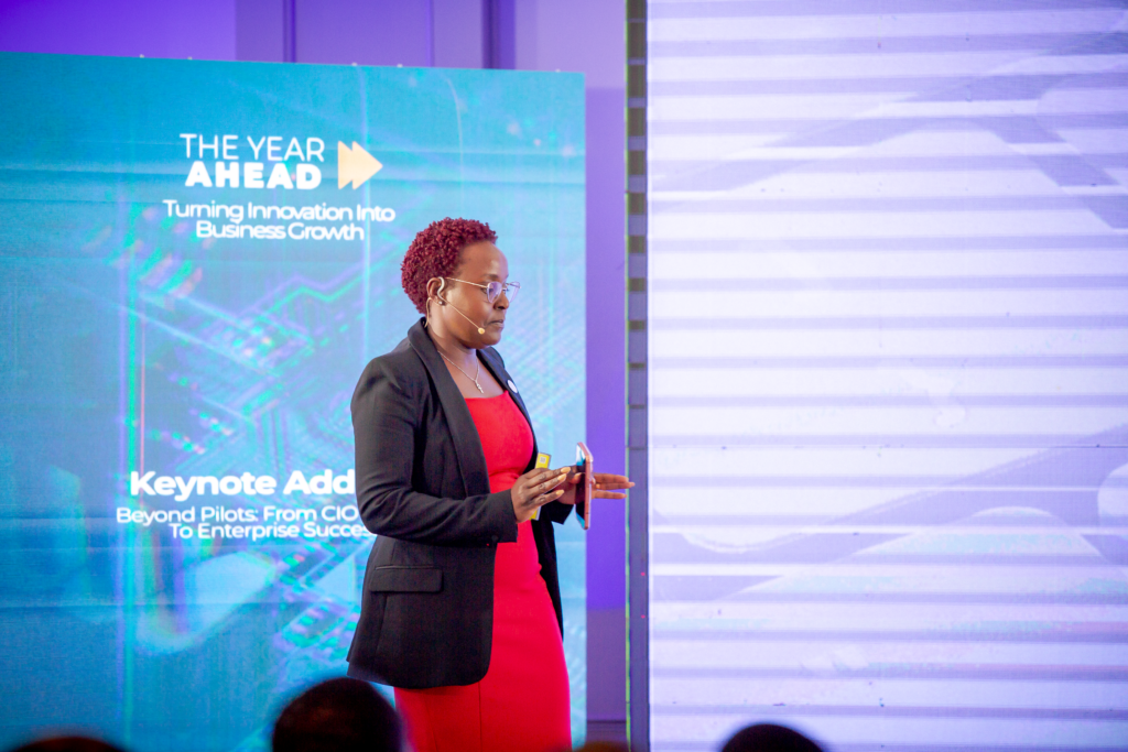The Group Head of IT, Sarova Hotels, Deborah Mutungi delivering her keynote address at The Year Ahead 2026. [PHOTO: Samuel Mwangi for CIO Africa]