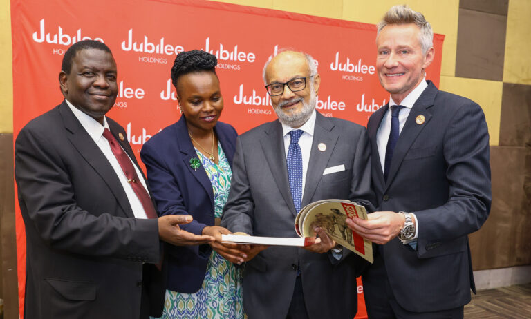 : (L-R) Jubilee Holdings Limited Group CEO Dr. Julius Kipngetich with Group General Counsel and Company Secretary Margaret Kipchumba, Chairman Zul Abdul and Deputy GCEO, Juan Cazcarra during the company’s 88th Annual General Meeting.