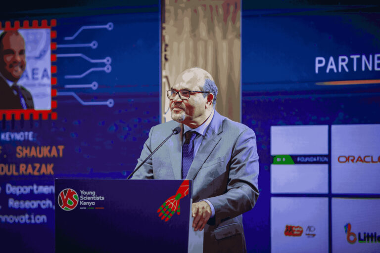 Chief Guest, Prof. Shaukat Abdulrazak, Principal Secretary in the State Department for Science, Research and Innovation, delivers the opening address during the 9th Young Scientists of Kenya national exhibition