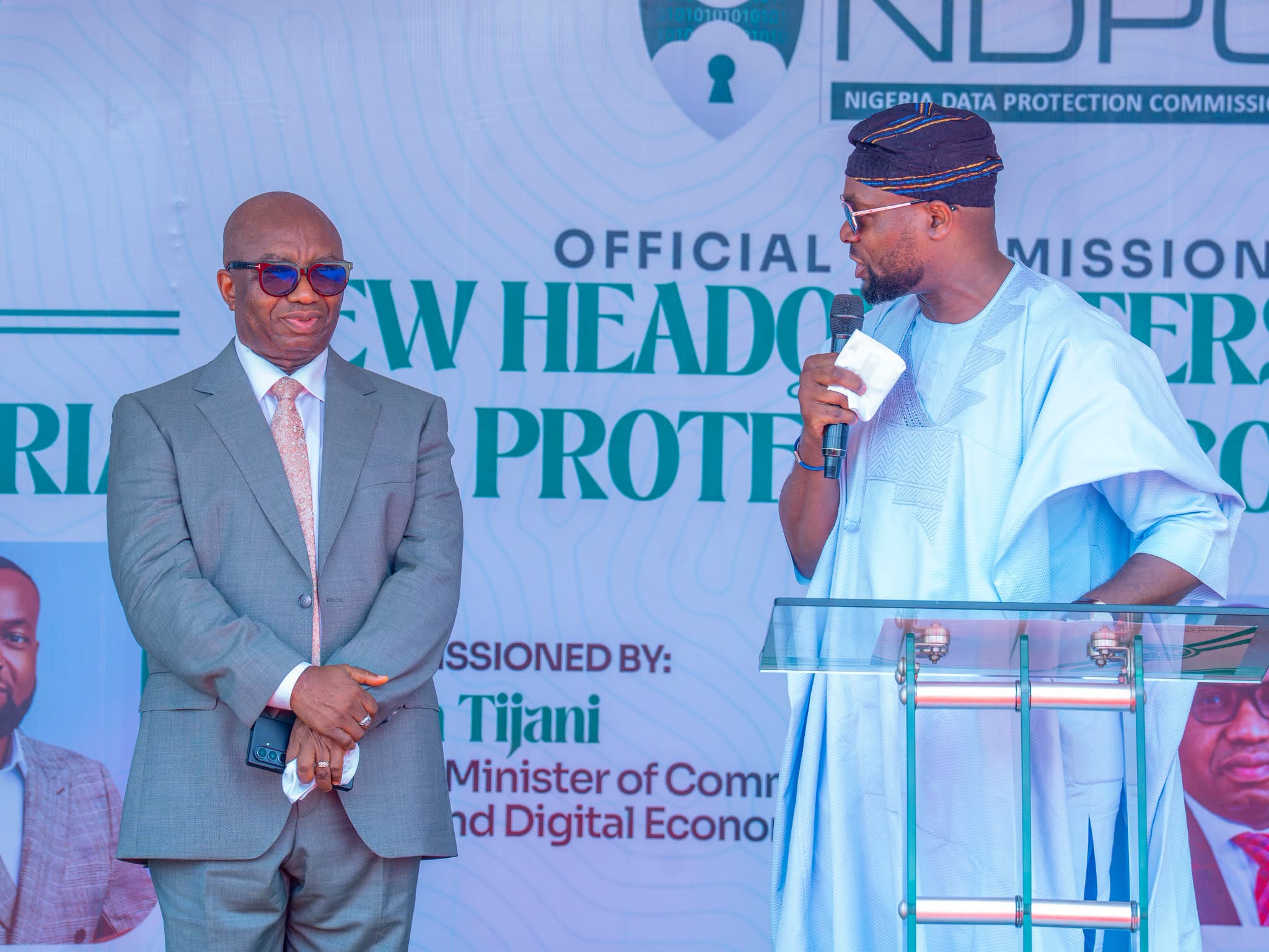 Nigeria's Minister of Communications, Innovation and Digital Economy, Dr Bosun Tijani (right) with NDPC CEO, Vincent Olatunji at the commissioning event.
